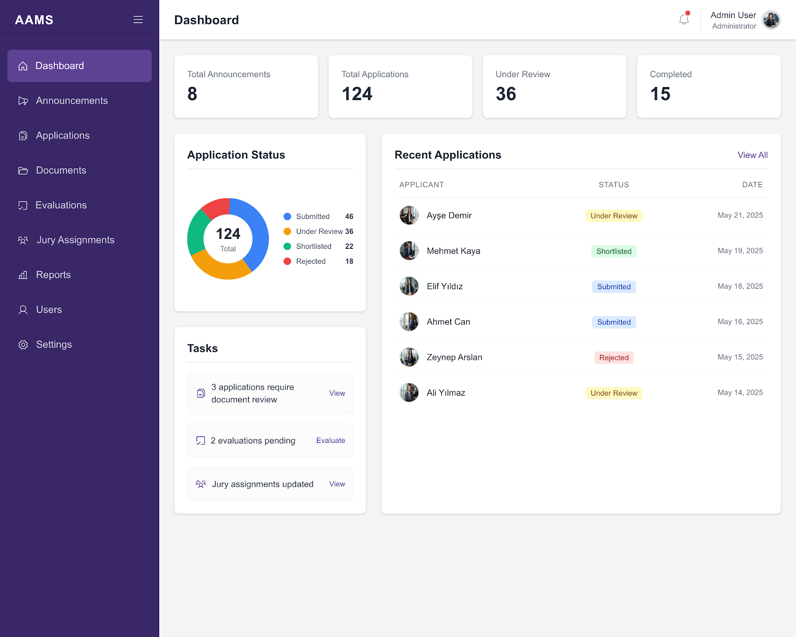 Academic Application Management System project interface